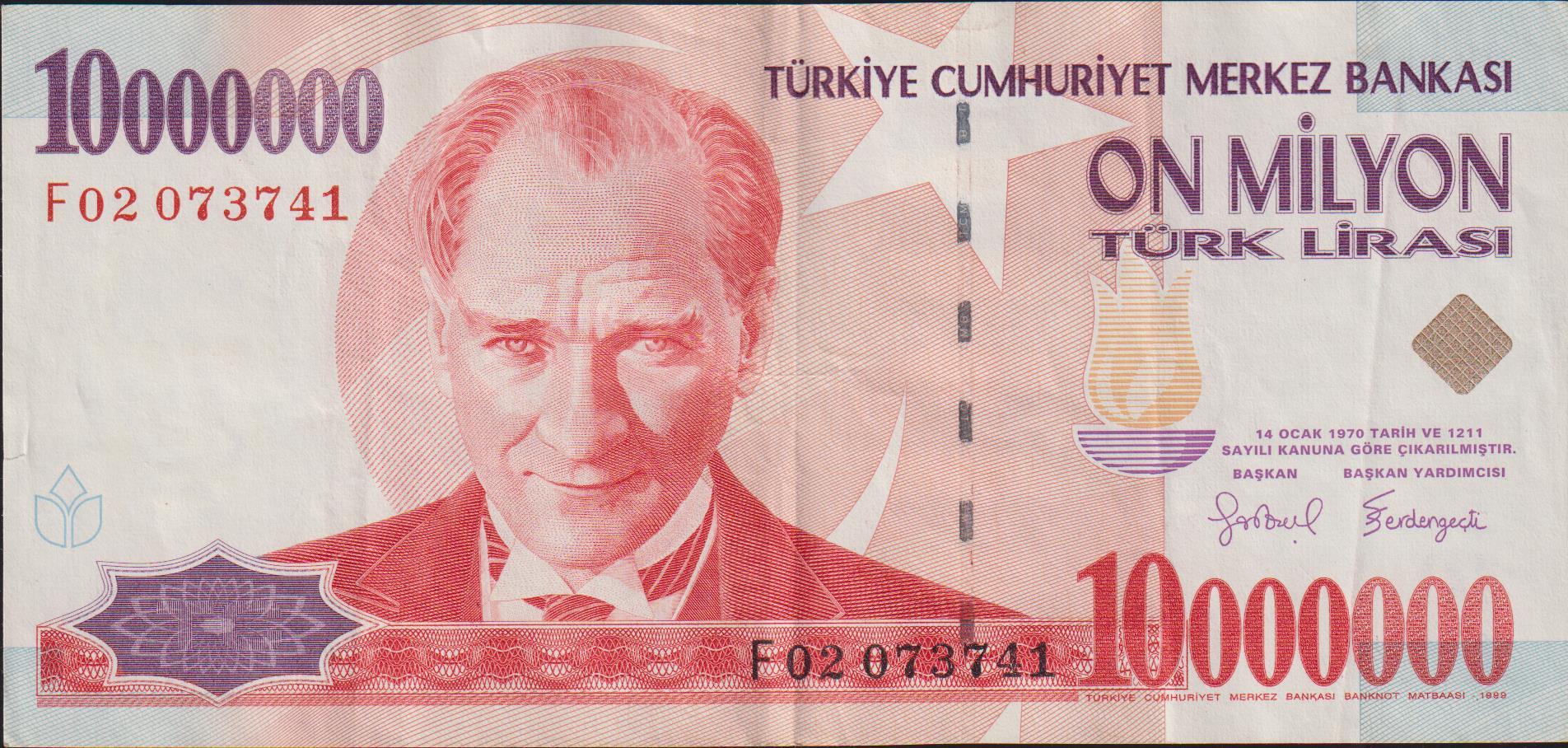7.Emisyon 10 000 000 Lira F02 073741 Çok Temiz