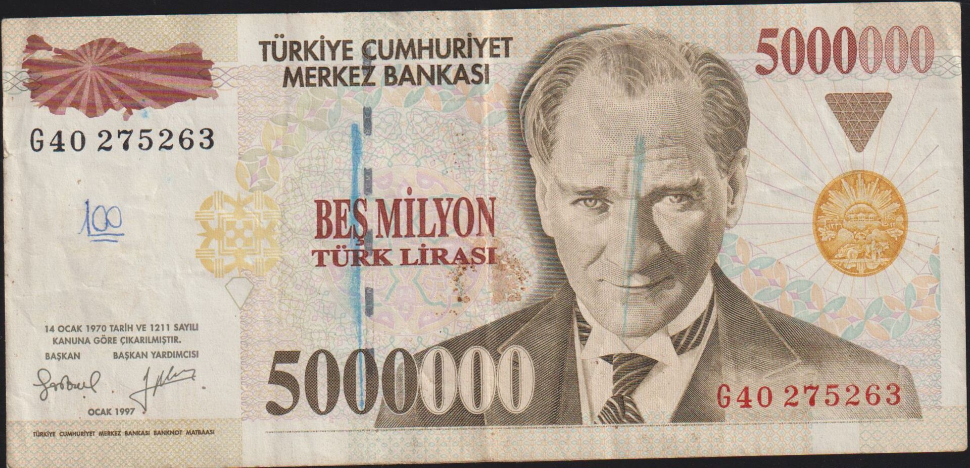 7.Emisyon 5 000 000 Lira G40 275263 Çok Temiz