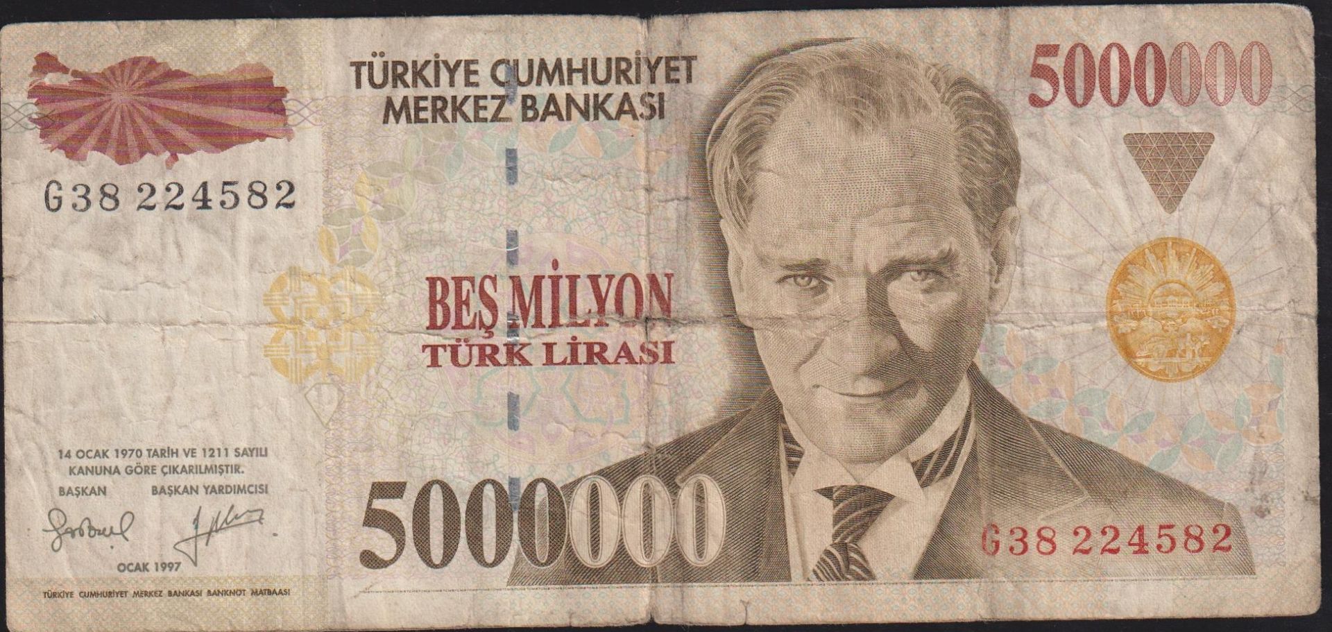7.Emisyon 5 000 000 Lira G38 224582 Temiz