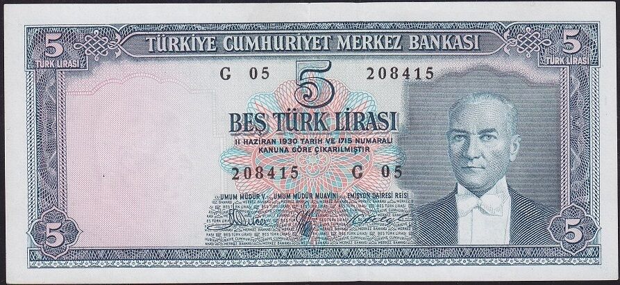 5.Emisyon 3.Tertip 5 Lira G05 208415 Çok Temiz+