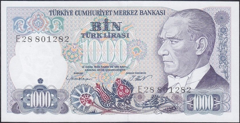 7.Emisyon 1.Tertip 1000 Lira E28 801282 Çil