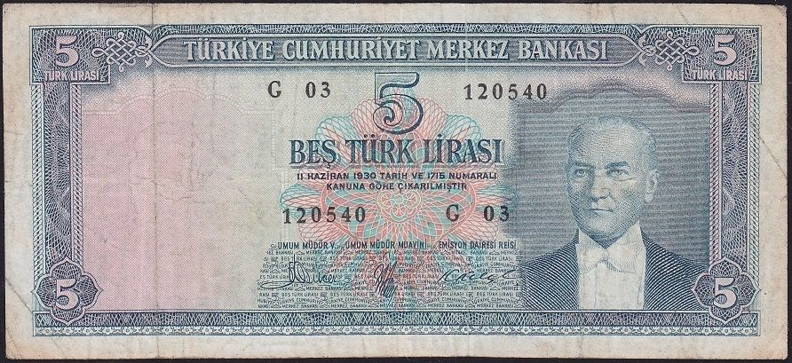 5.Emisyon 3.Tertip 5 Lira G03 120540 Çok Temiz
