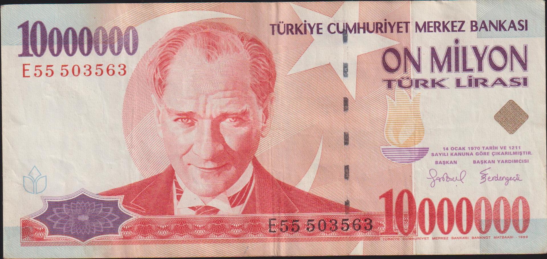 7.Emisyon 10 000 000 Lira E55 503563 Çok Temiz+
