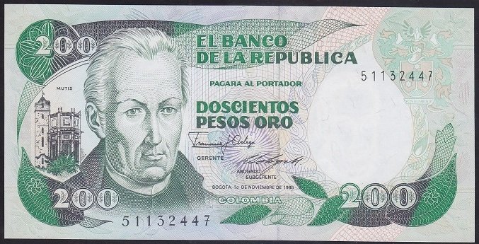 Kolombiya 200 Pesos Oro 1985 Çilaltı Çil Pick 429c