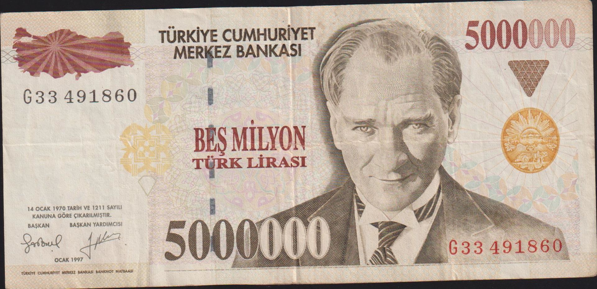 7.Emisyon 5 000 000 Lira G33 491860 Çok Temiz
