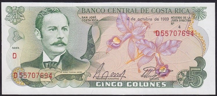 Kostarika 5 Colones 1989 Çil Pick236d