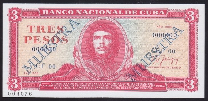 Küba 3 Pesos 1986 Çil Specimen Pick107bs