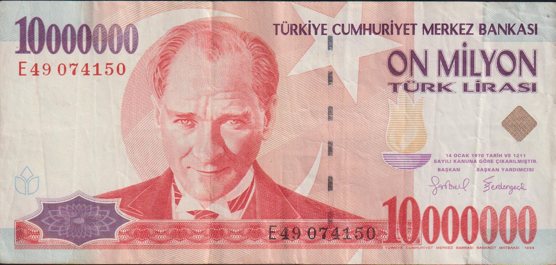 7.Emisyon 10 000 000 Lira E49 074150 Çok Temiz+