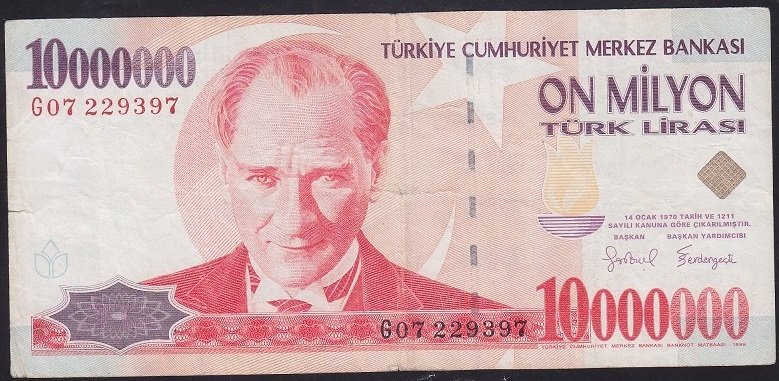 7.EMİSYON 10 000 000 LİRA G07 229397 TEMİZ + eski kağıt para değerleri