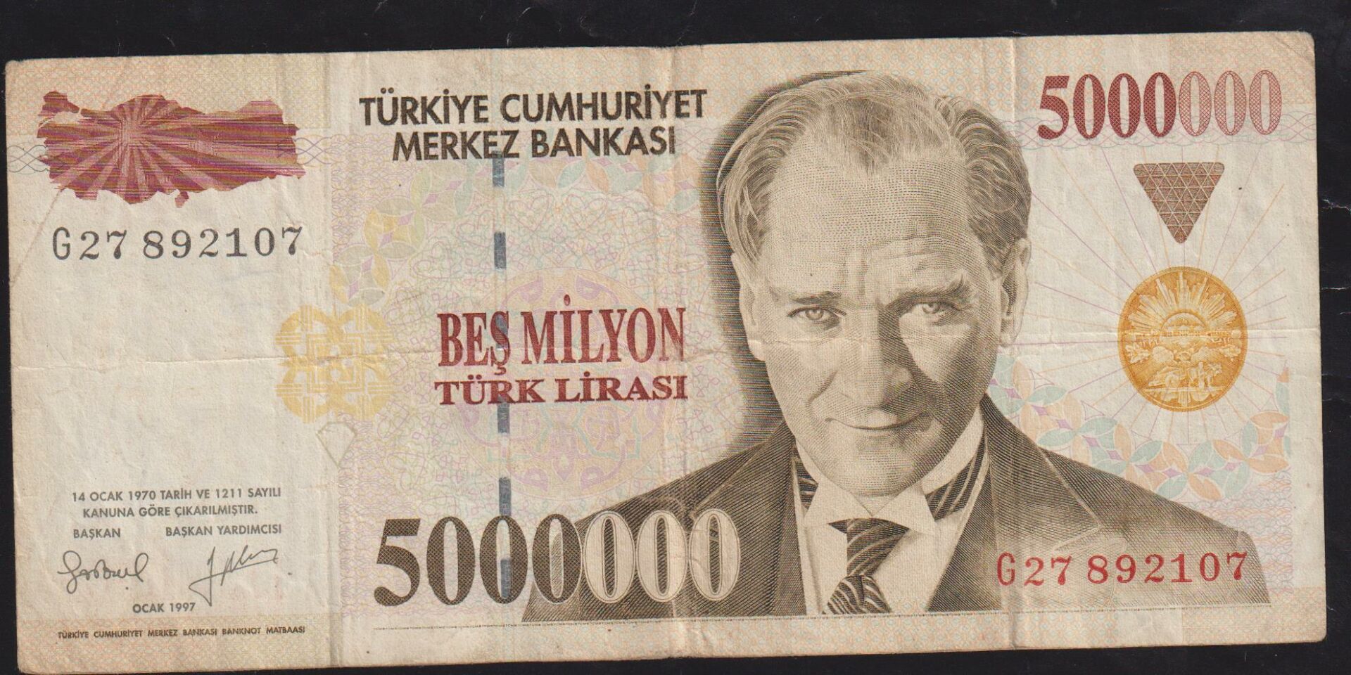 7.Emisyon 5 000 000 Lira G27 892107 Çok Temiz
