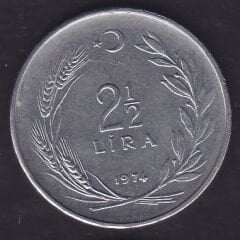 1974 Yılı 2.5 Lira Düz