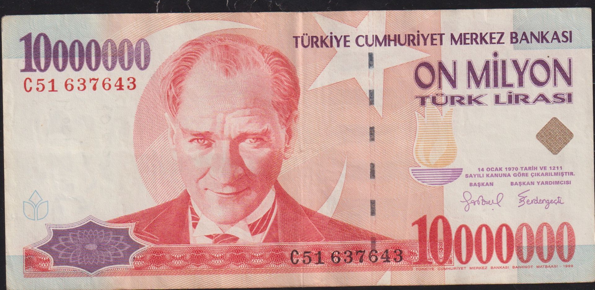 7.Emisyon 10 000 000 Lira C51 637643 Çok Temiz+