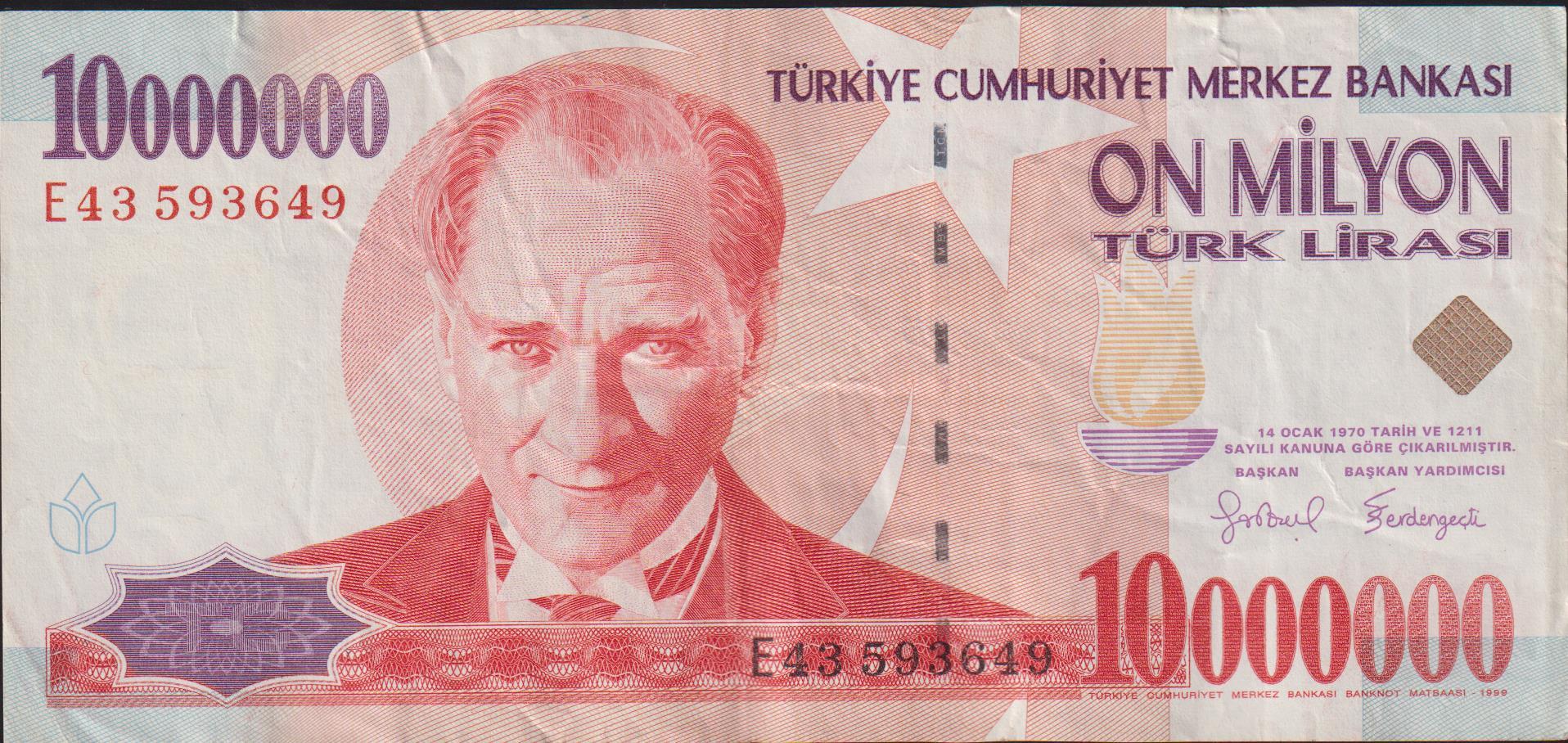 7.Emisyon 10 000 000 Lira E43 593649 Çok Temiz+