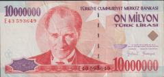 7.Emisyon 10 000 000 Lira E43 593649 Çok Temiz+