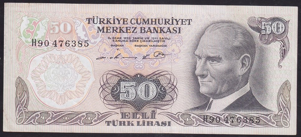 6.EMİSYON 1.TERTİP 50 LİRA H90 476385 ÇOK TEMİZ +eski kağıt para fiyatları