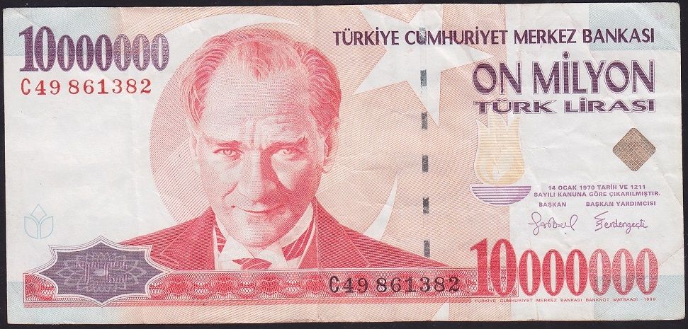 7.Emisyon 10 000 000 Lira C49 861382 Çok Temiz+