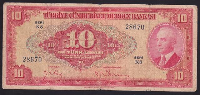 4.EMİSYON 1.TERTİP 10 LİRA K8 28670 TEMİZ