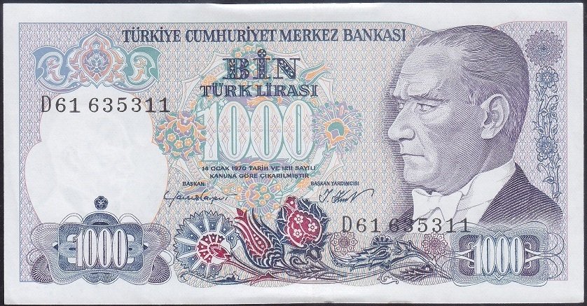 7.Emisyon 1.Tertip 1000 Lira D61 635311 Çilaltı ( cüzdan katı yoktur)