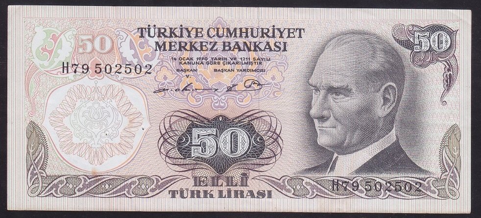 6.EMİSYON 1.TERTİP 50 LİRA H79 502 502 ÇOK TEMİZ +