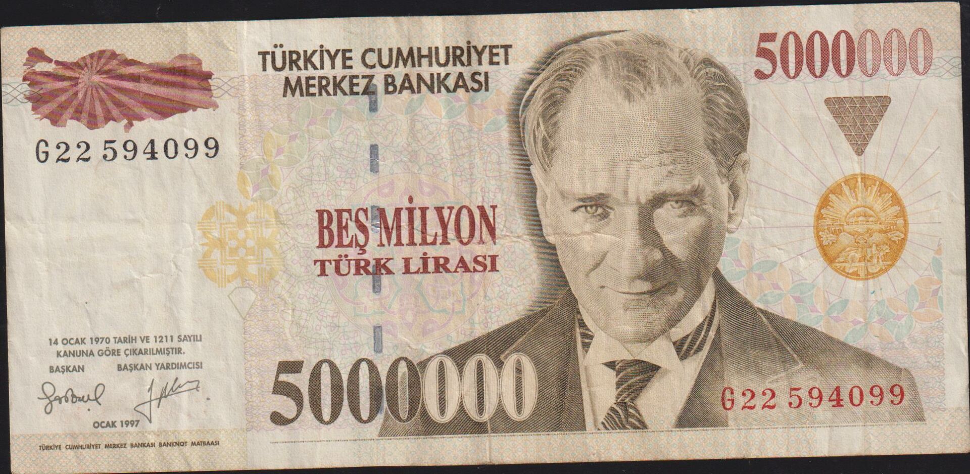 7.Emisyon 5 000 000 Lira G22 594099 Çok Temiz+