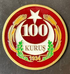 1934 yılı 100 Kuruş Madalya 51 mm ( Latin Harflerle Basılan ilk Cumhuriyet Madeni Paramızın Hatıra Madalyası )