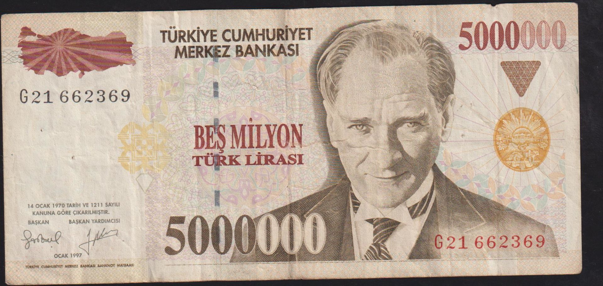7.Emisyon 5 000 000 Lira G21 662369 Çok Temiz