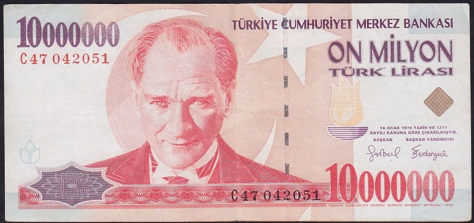 7.Emisyon 10 000 000 Lira C47 042051 Çok Temiz+