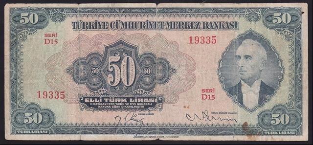 3.EMİSYON 2.TERTİP 50 LİRA D15 19335 TEMİZ