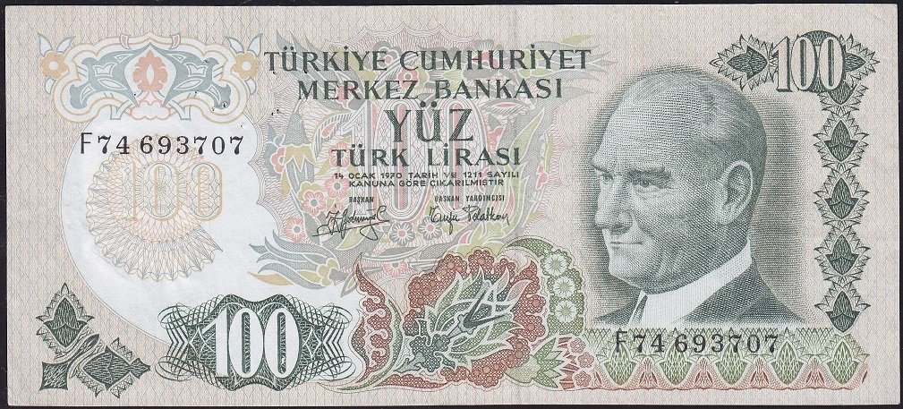 6.Emisyon 2.Tertip 100 Lira F74 693707 Çok Temiz+