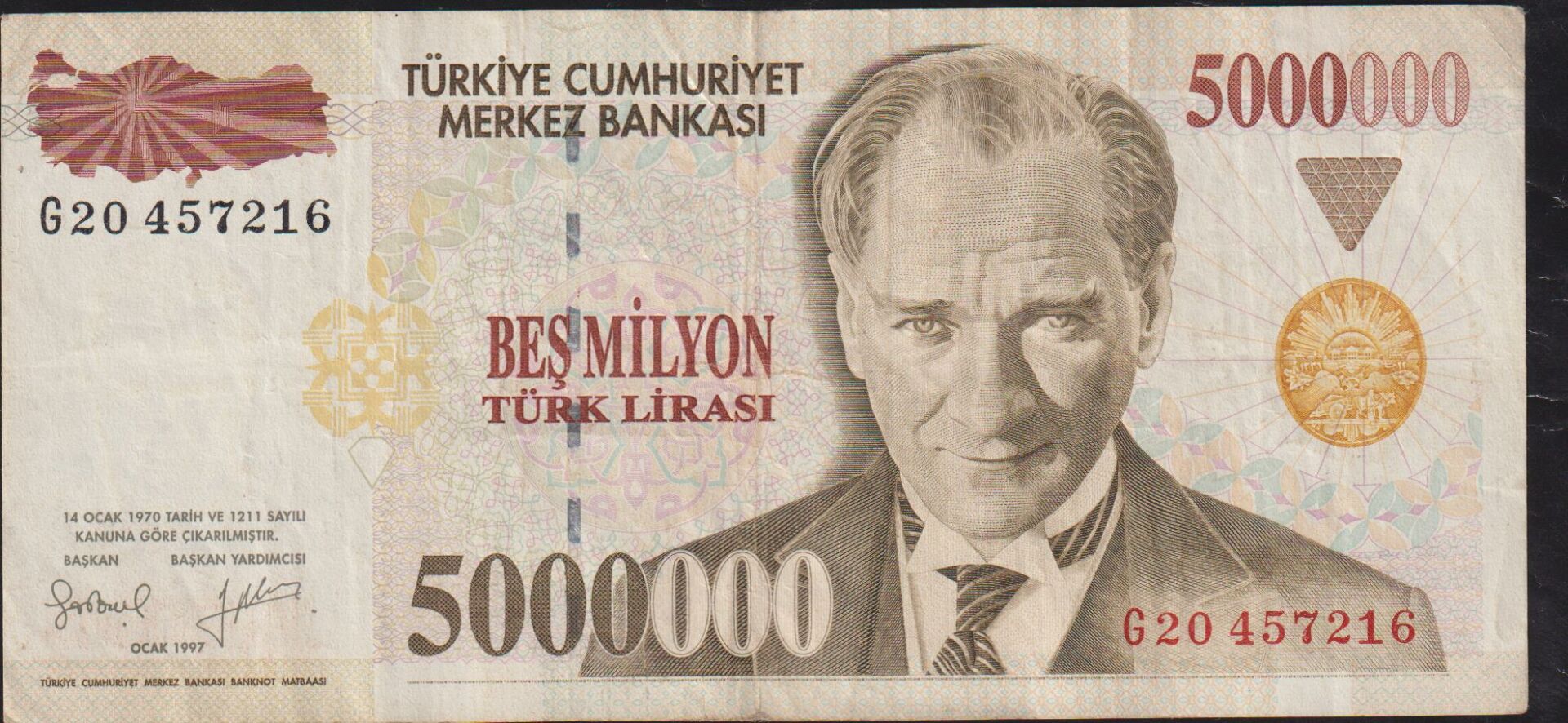7.Emisyon 5 000 000 Lira G20 457216 Çok Temiz
