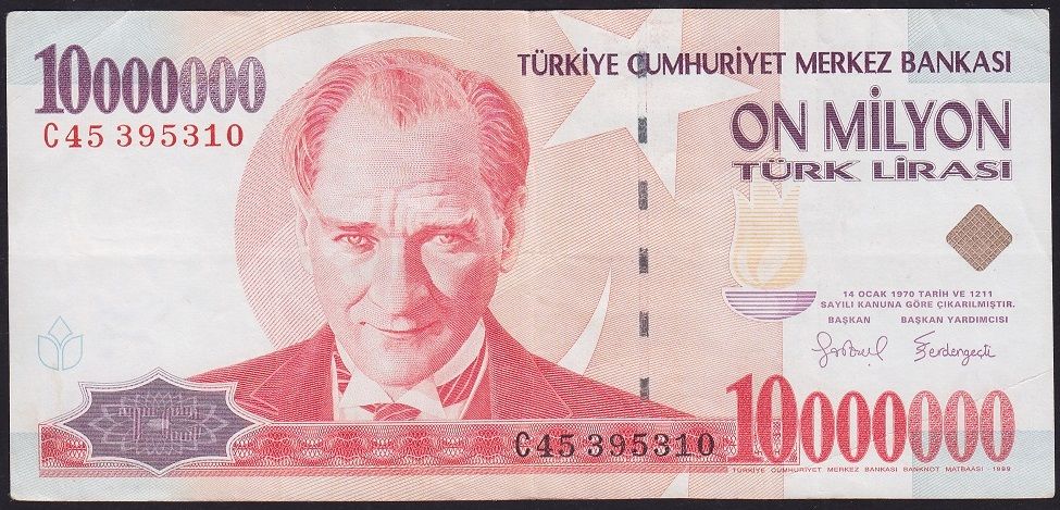 7.Emisyon 10 000 000 Lira C45 395310 Çok Temiz+