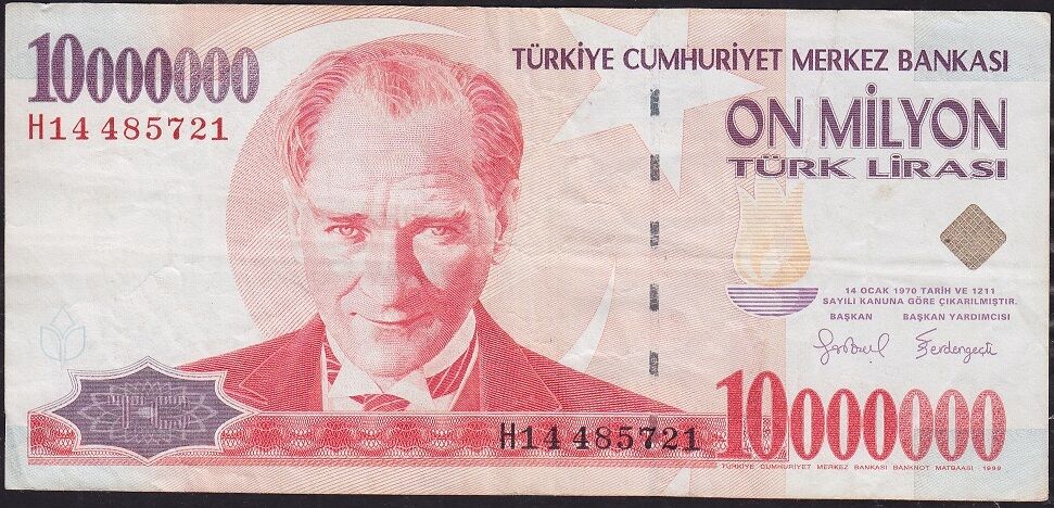 7.Emisyon 10 000 000 Lira H14 485721 Çok Temiz ( Filigran Tip 1 )