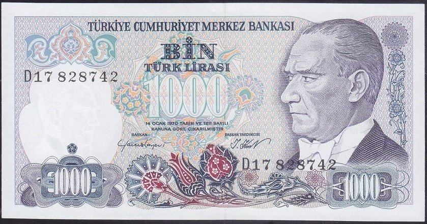 7.Emisyon 1.Tertip 1000 Lira D17 828742 Çilaltı ( Bandrol baskı izleri var )