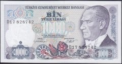 7.Emisyon 1.Tertip 1000 Lira D17 828742 Çilaltı ( Bandrol baskı izleri var )