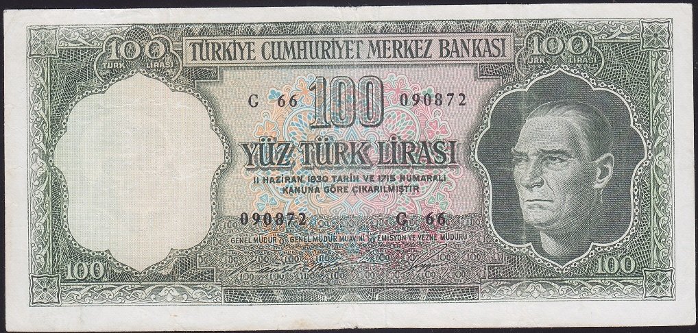 5.Emisyon 6.tertip 100 lira G66 090872 Çok Temiz + (Düzeltme Var)