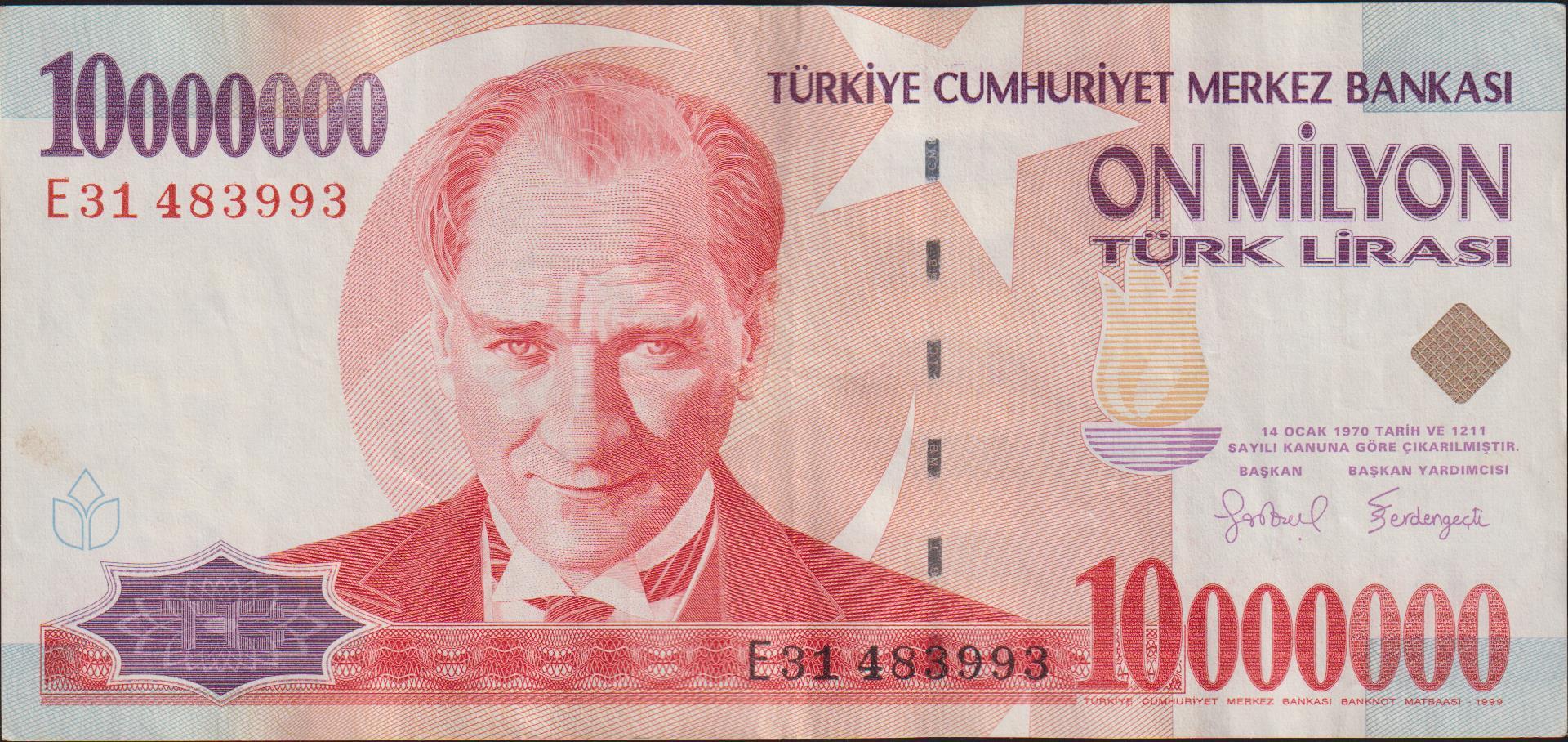 7.Emisyon 10 000 000 Lira E31 483993 Çok Temiz+