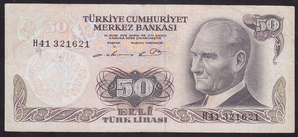 6.EMİSYON 1.TERTİP 50 LİRA H41 321621 ÇOK TEMİZ eski para