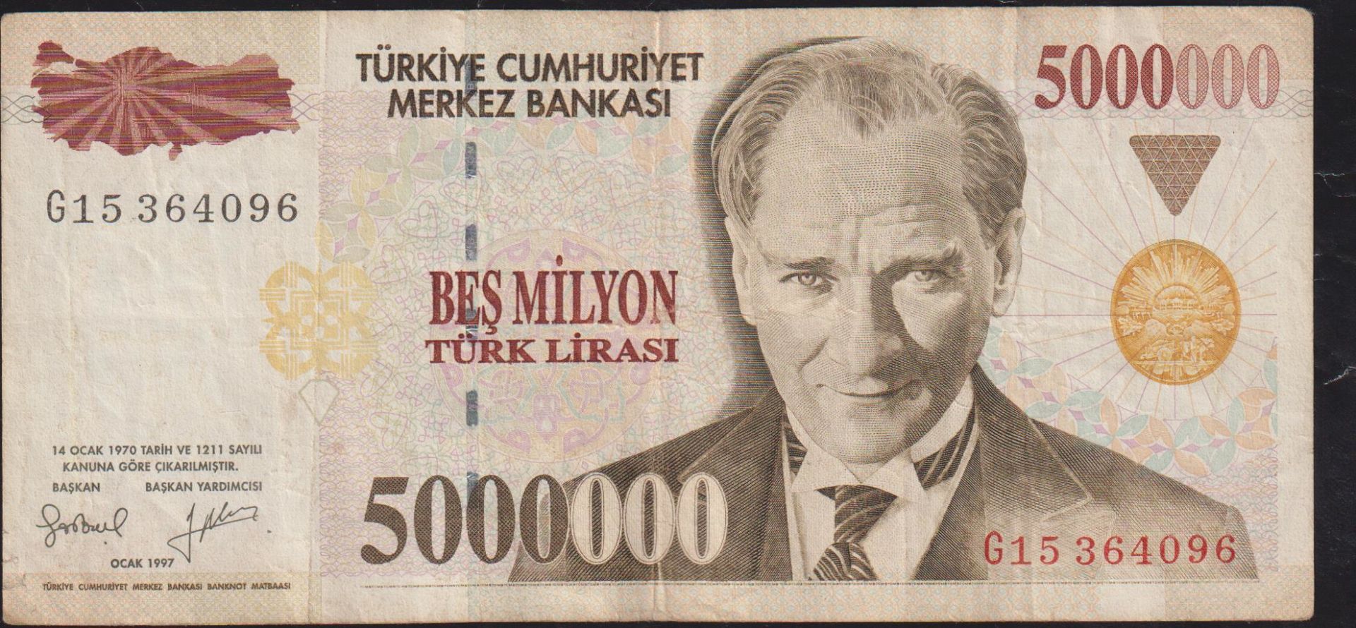 7.Emisyon 5 000 000 Lira G15 364096 Çok Temiz