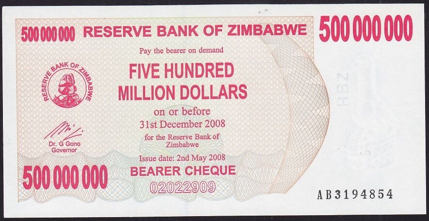 Zimbabwe 500000000 Dolar 2008 Çilaltı AB - Pick 60