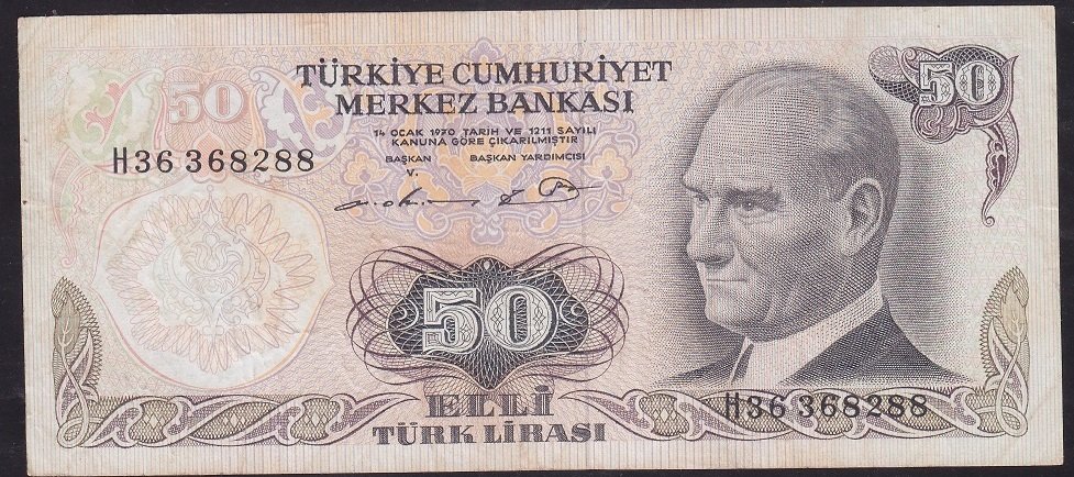 6.EMİSYON 1.TERTİP 50 LİRA H36 368288 ÇOK TEMİZ eski para