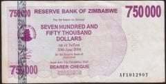 Zimbabwe 750.000 Dolar 2008 Çok Temiz+