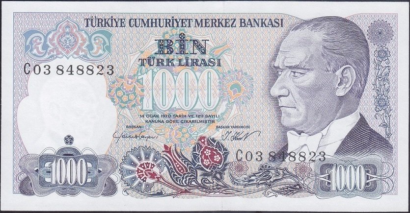 7.Emisyon 1.Tertip 1000 Lira C03 848823 Çil