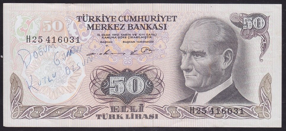 6.EMİSYON 1.TERTİP 50 LİRA H25 416031 ÇOK TEMİZ eski para