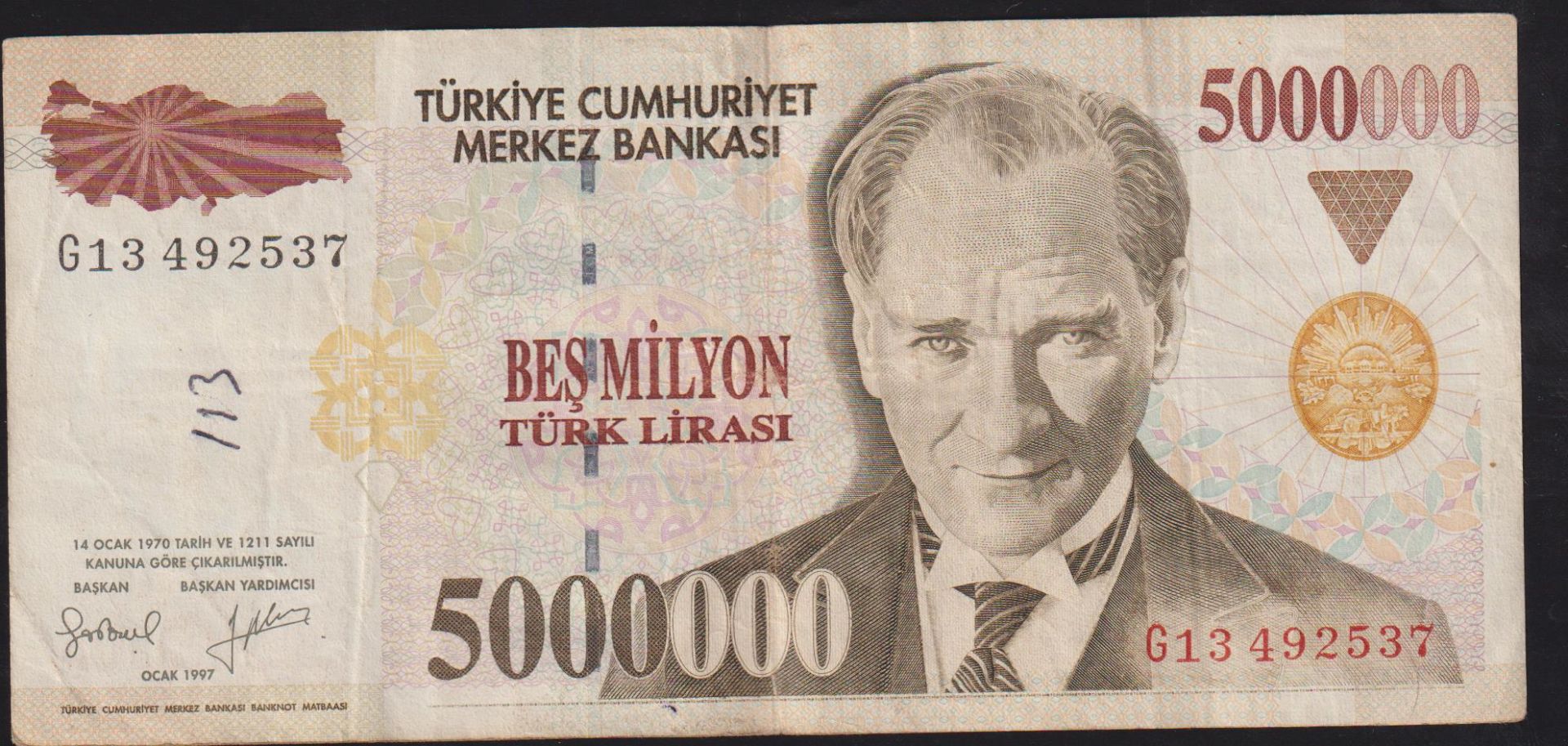 7.Emisyon 5 000 000 Lira G13 492537 Çok Temiz