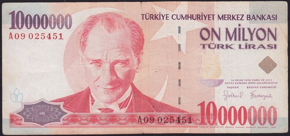 7.Emisyon 10 000 000 Lira A09 025451 Çok Temiz