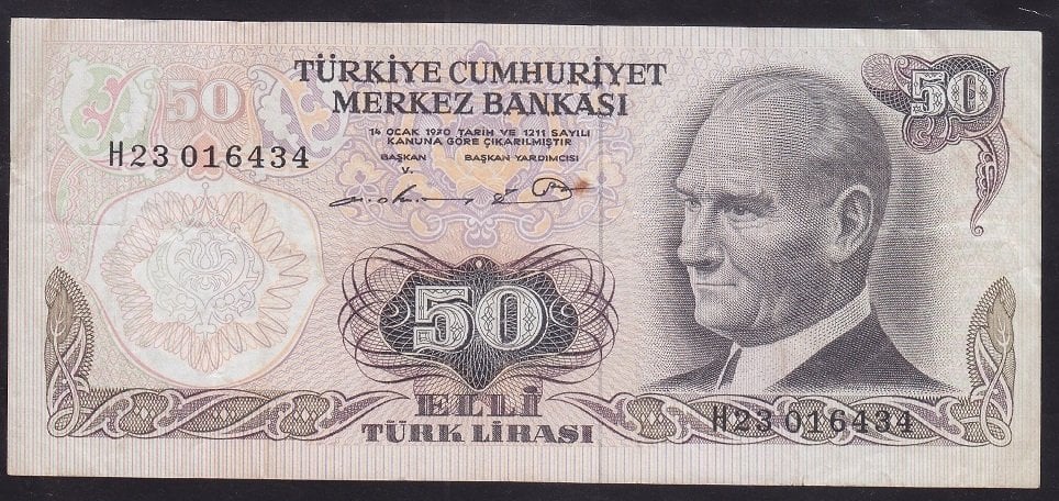 6.EMİSYON 1.TERTİP 50 LİRA H23 016434 ÇOK TEMİZ eski para