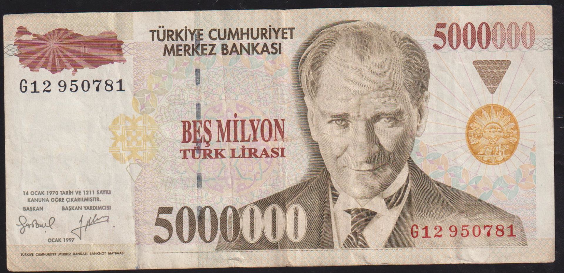 7.Emisyon 5 000 000 Lira G12 950781 Çok Temiz+