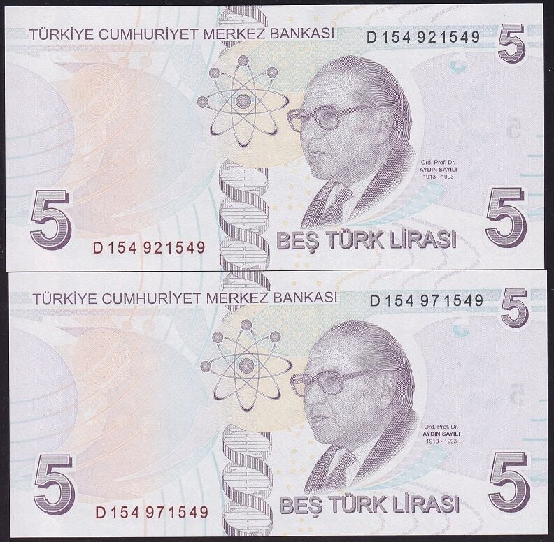 9.Emisyon 4.Tertip 5 Lira D154 921549-971549 Çil Tek Numara Farklı