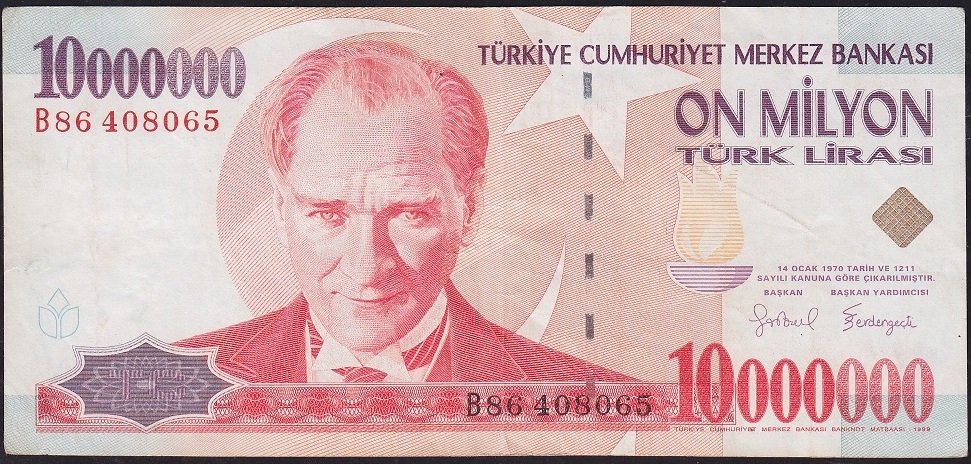7.Emisyon 10 000 000 Lira B86 408065 Çok Temiz+