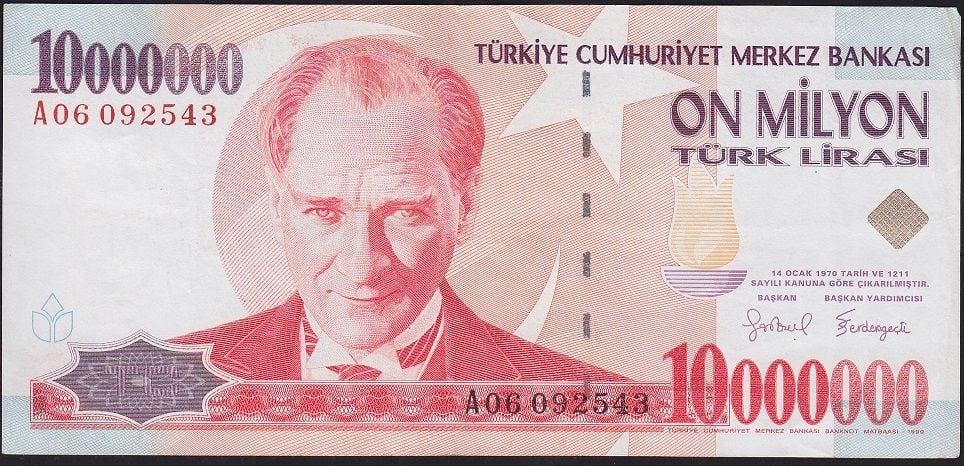 7.Emisyon 10 000 000 Lira A06 092543 Çok Temiz+